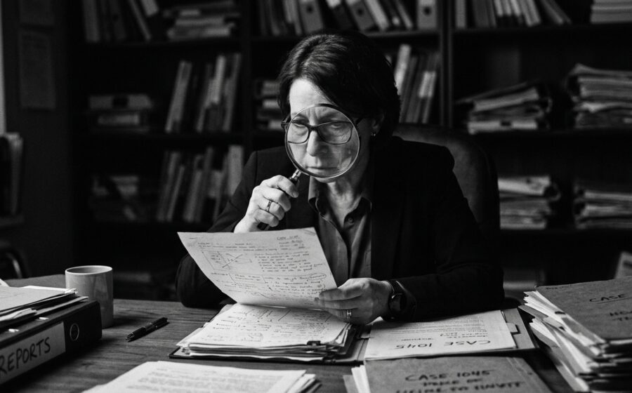 Forensic expert examining case files with magnifying glass, documentary B&W