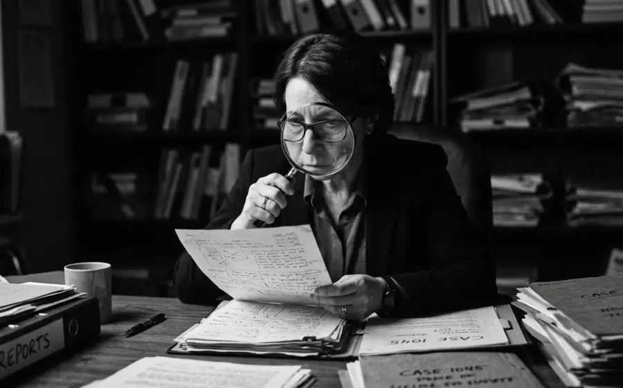 Forensic expert examining case files with magnifying glass, documentary B&W