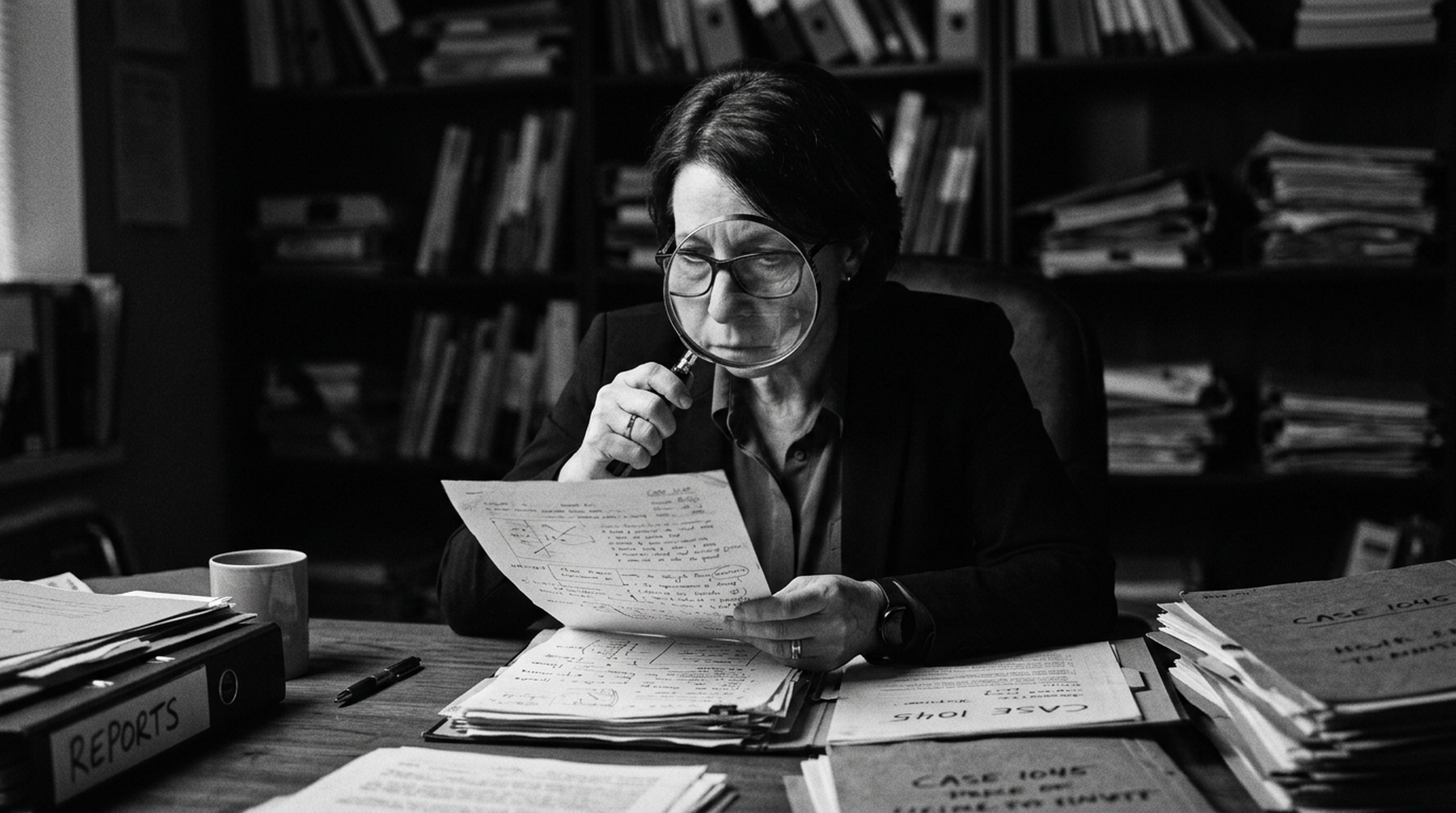 Forensic expert examining case files with magnifying glass, documentary B&W