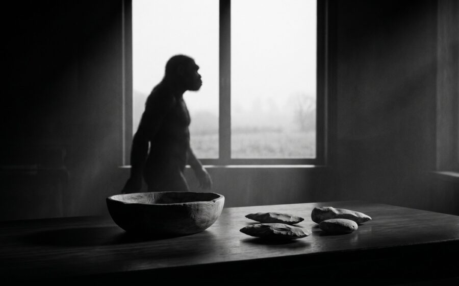 Silhouette of early humans at dawn with empty bowl and stone tools, evoking ancestral feast-and-famine eating patterns versus modern fixed mealtimes.