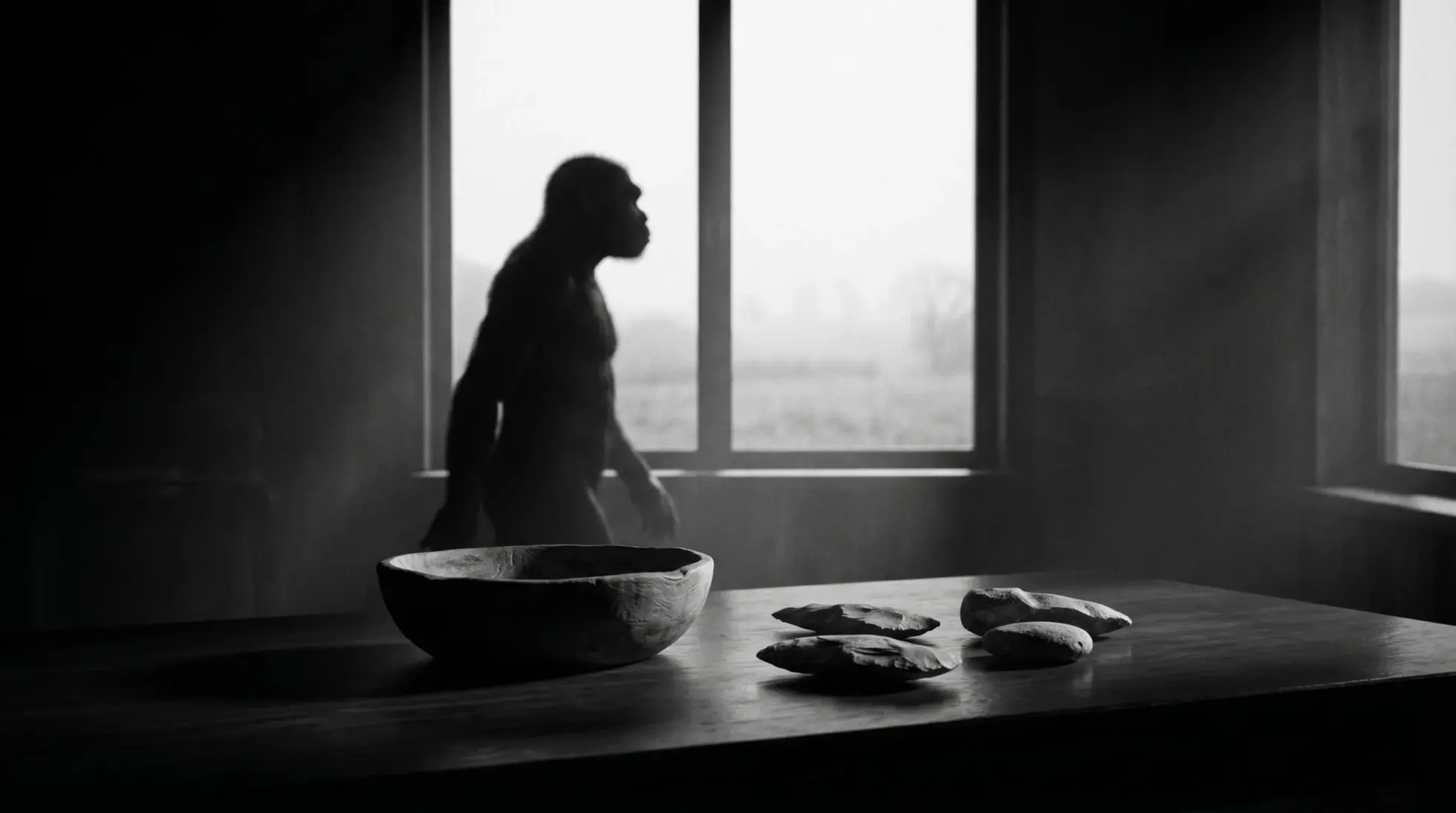 An empty wooden bowl and stone tools on a table with an early human silhouette at the window, on ancestral eating patterns