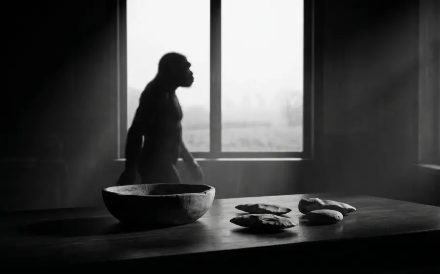 An empty wooden bowl and stone tools on a table with an early human silhouette at the window, on ancestral eating patterns