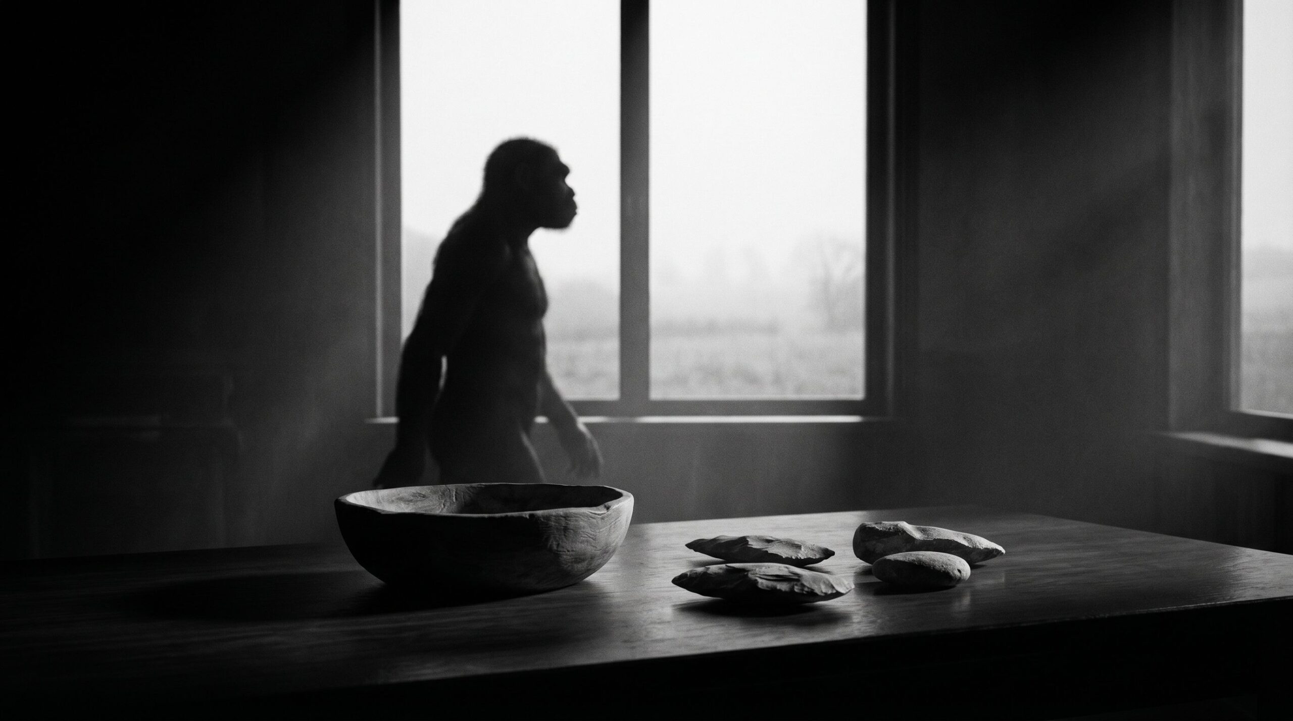 Silhouette of early humans at dawn with empty bowl and stone tools, evoking ancestral feast-and-famine eating patterns versus modern fixed mealtimes.
