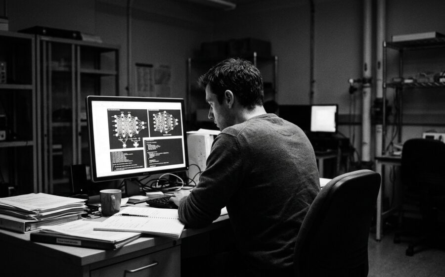 Researcher studying neural network diagrams in a dark laboratory, black and white documentary photography