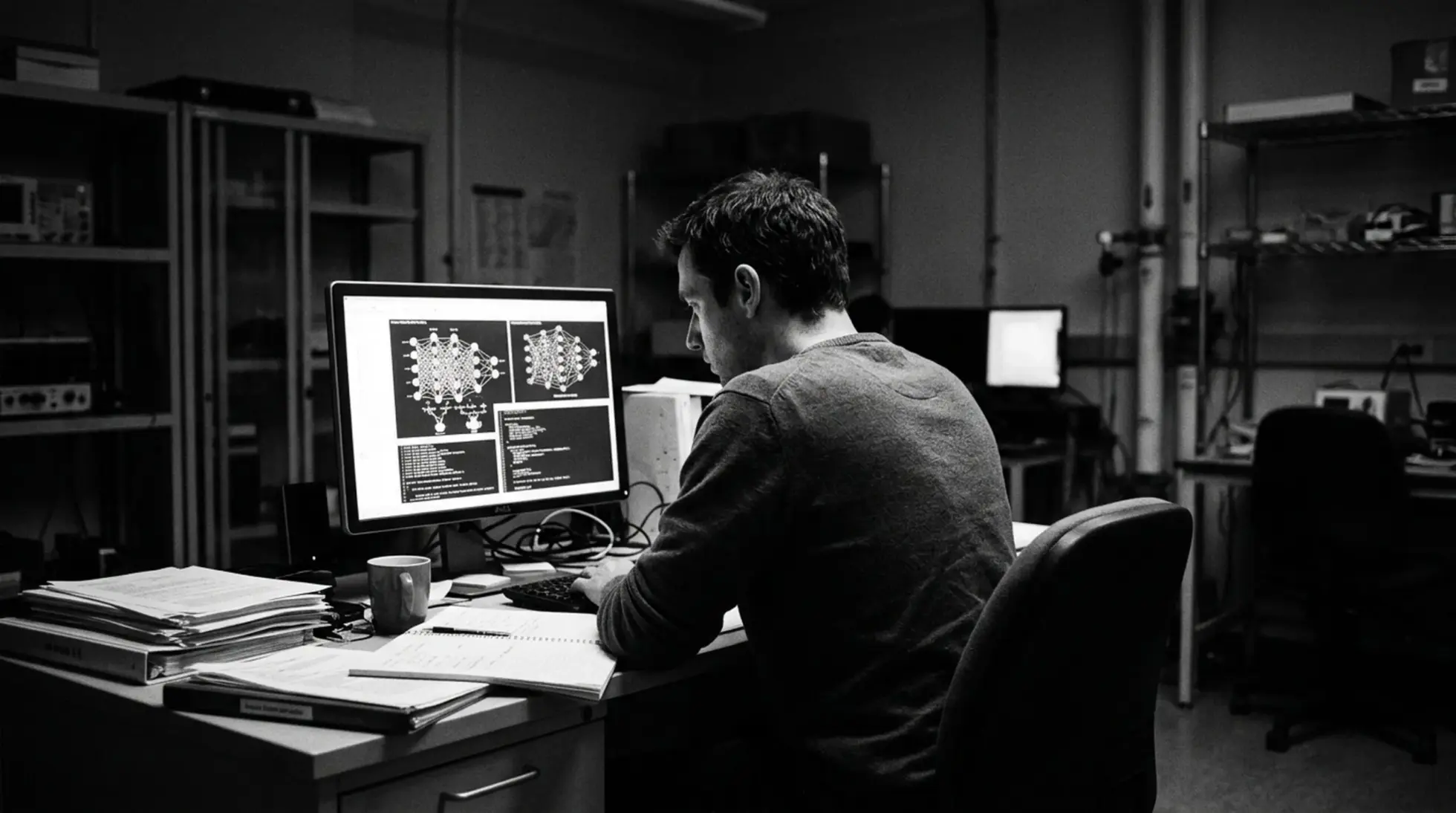 Researcher studying neural network diagrams in a dark laboratory, black and white documentary photography
