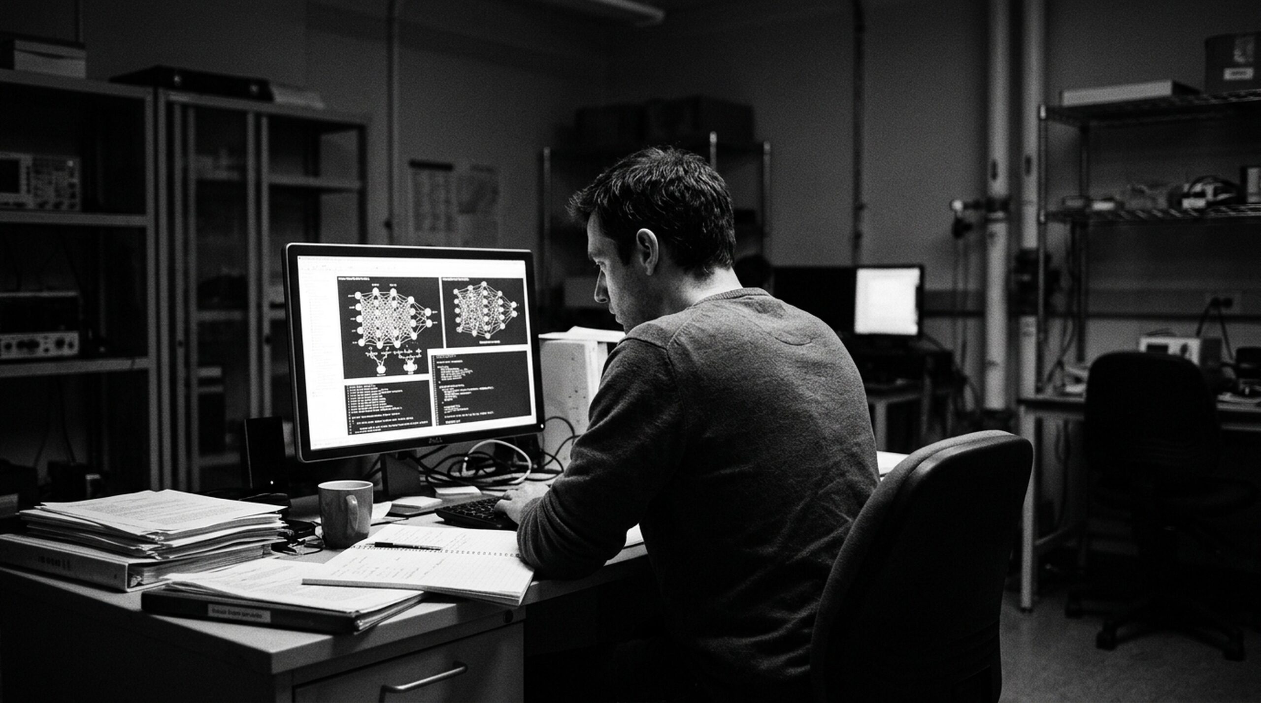 Researcher studying neural network diagrams in a dark laboratory, black and white documentary photography