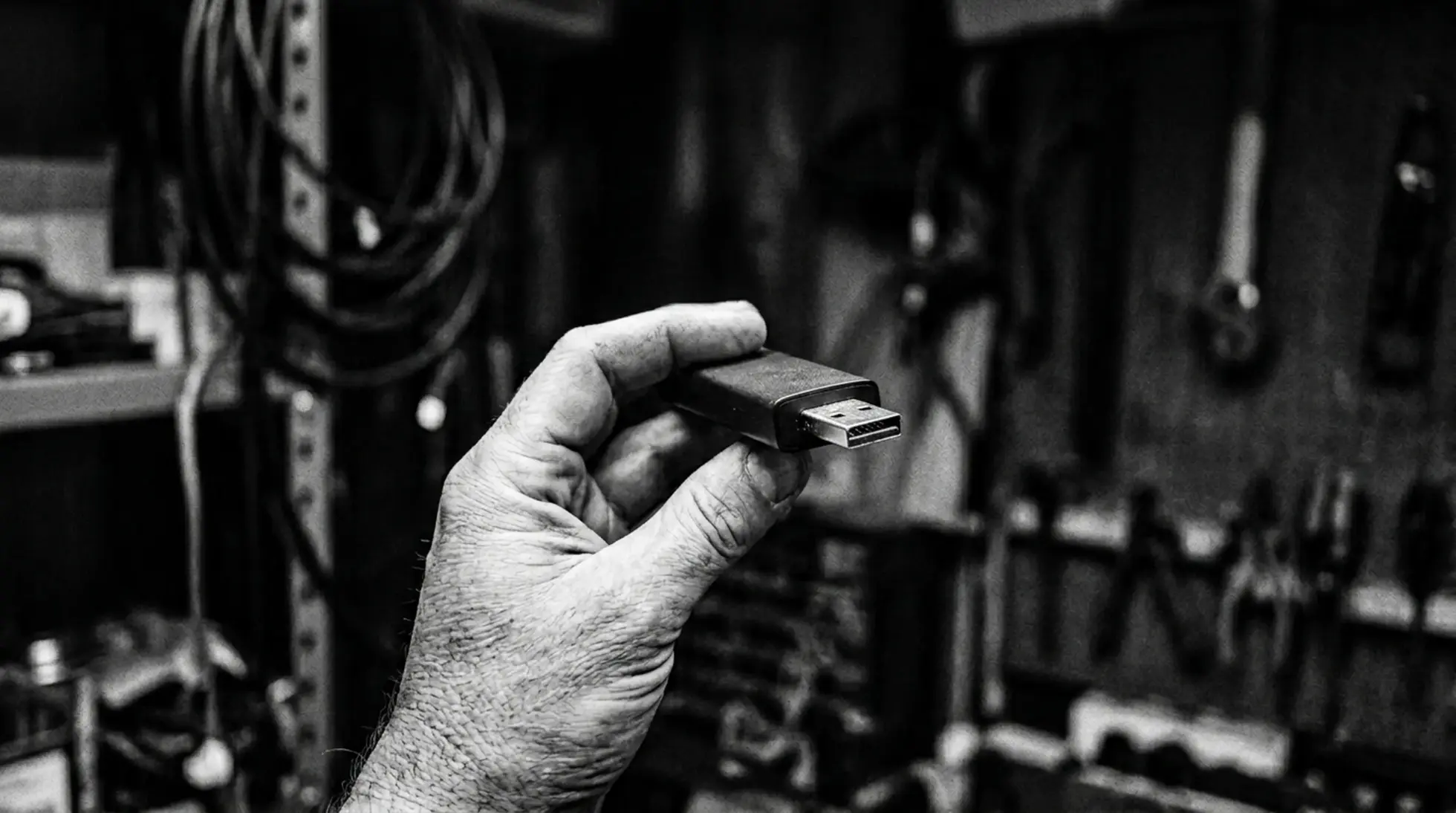 Hand holding streaming stick, forensic documentary photograph