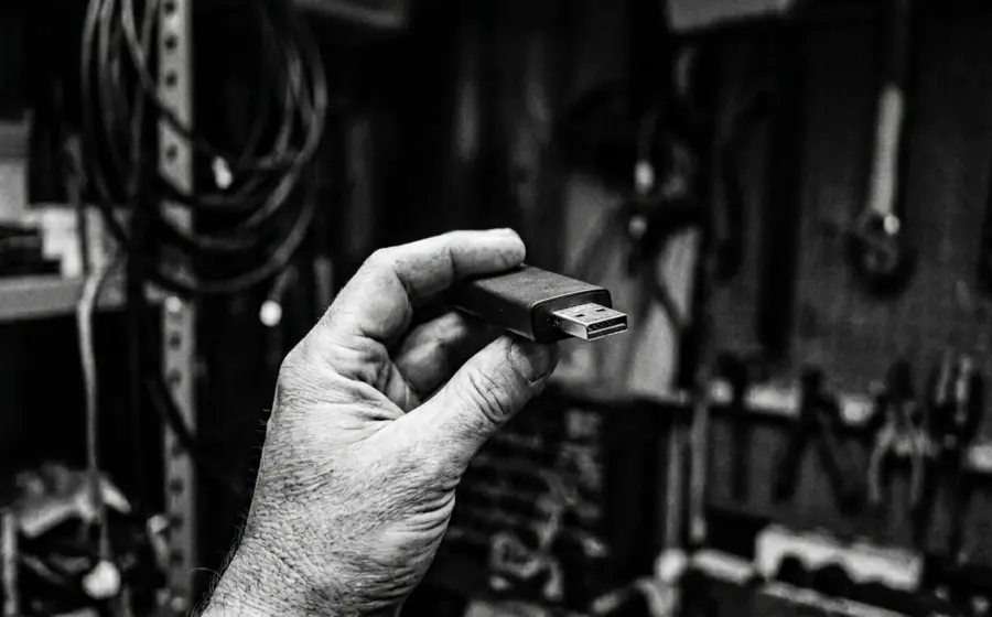Hand holding streaming stick, forensic documentary photograph