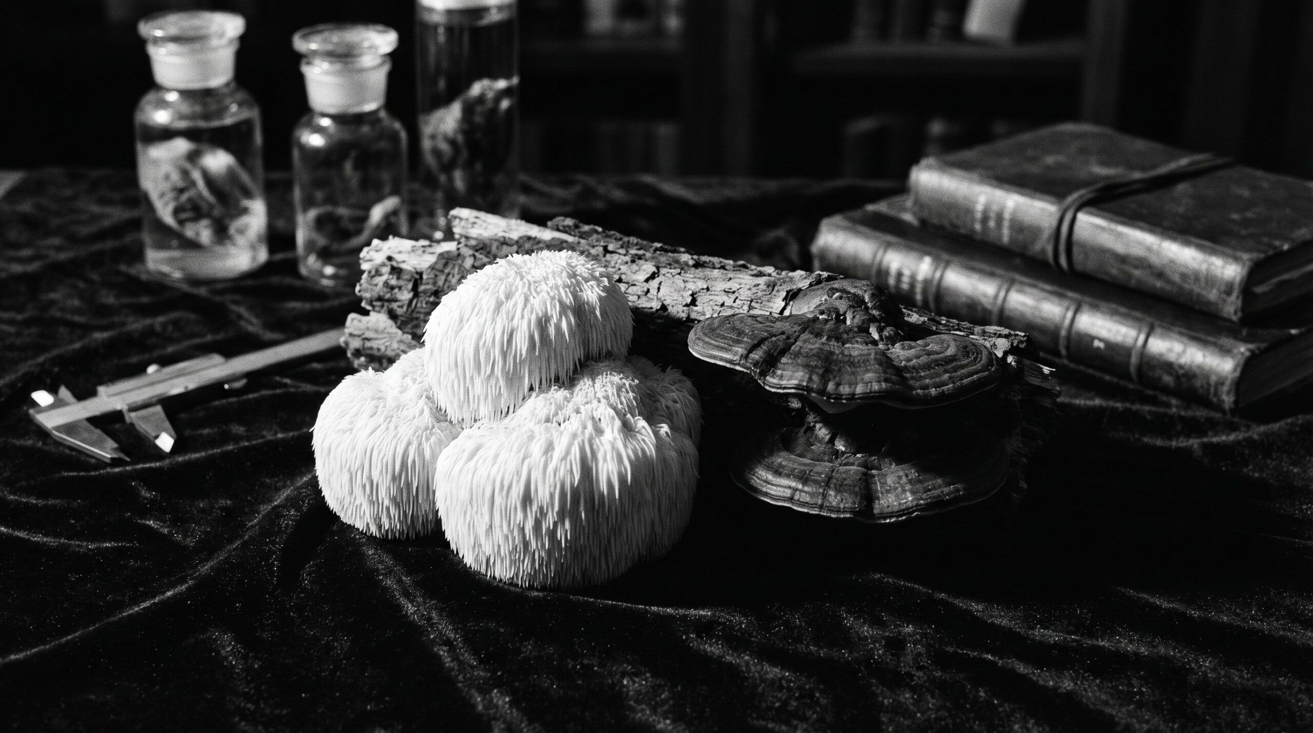 Lion's mane and reishi mushrooms, monochrome editorial still life for article on traditional mycology and neuroscience
