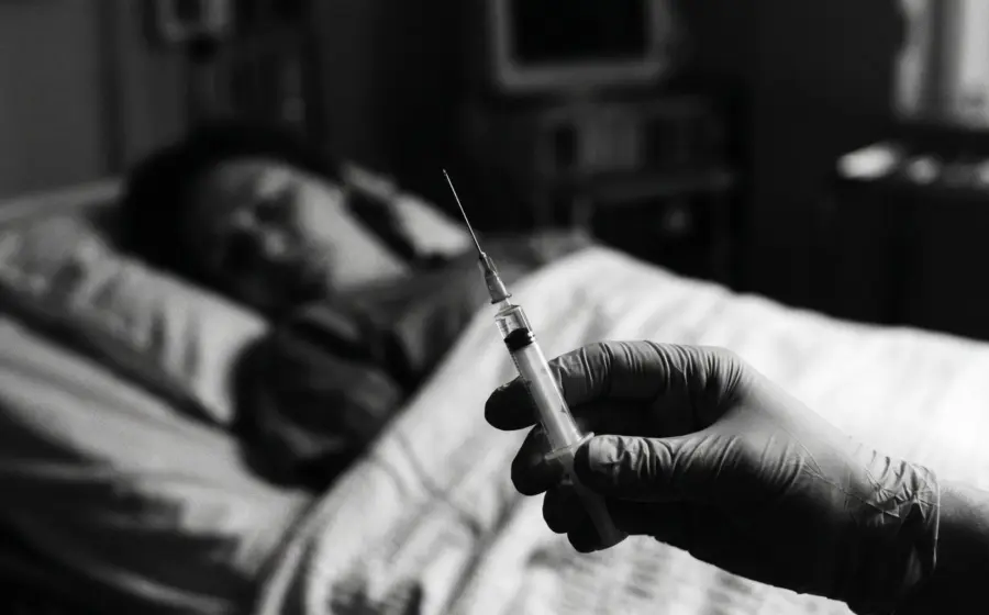 Hand holding a medical syringe with a sleeping figure blurred behind, on potassium chloride and the forensic detection gap