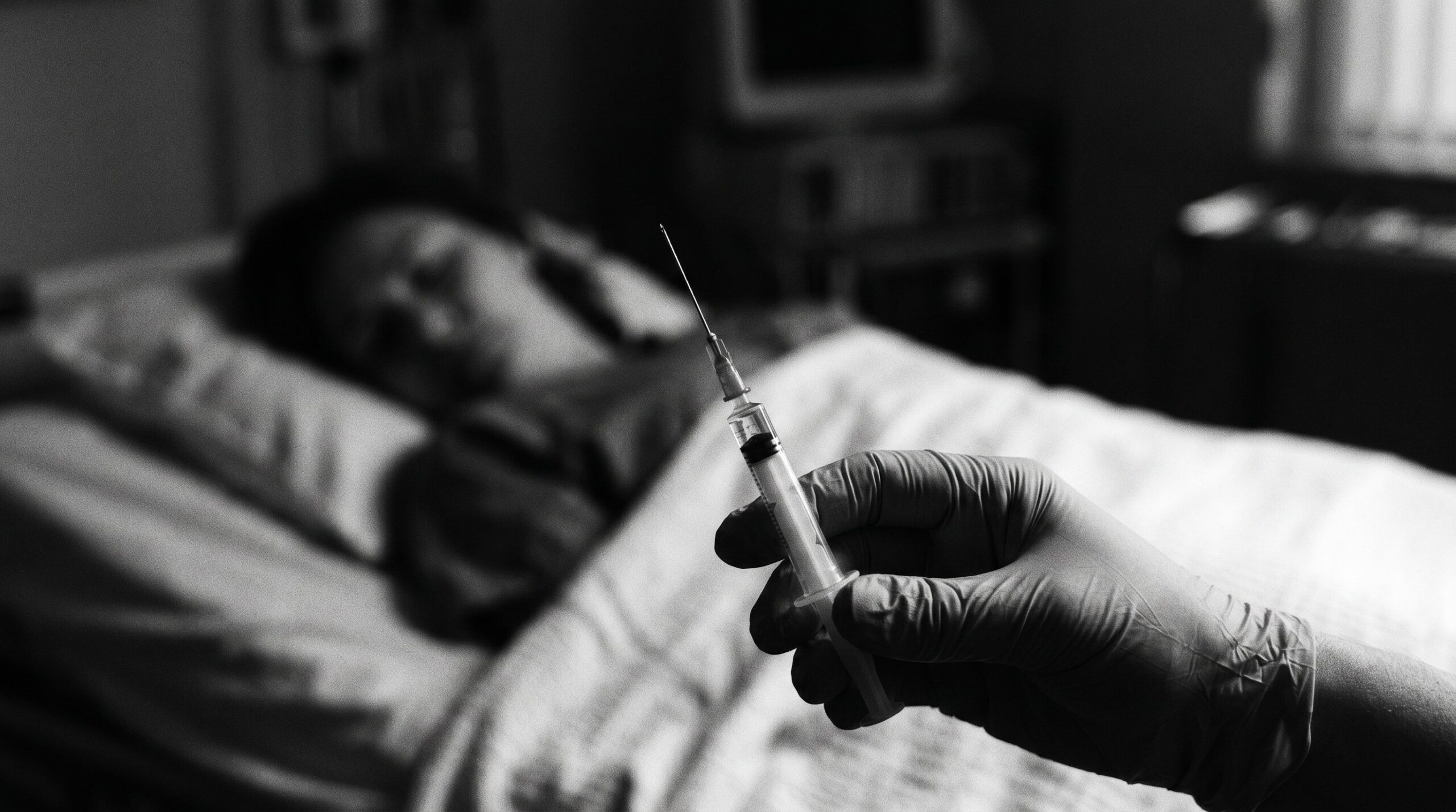Hand holding a medical syringe, a sleeping figure blurred in the background — the perfect crime, forensic detection gap