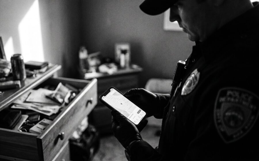 Police officer in uniform holding a seized iPhone during a home search — smartphone seizure and the IT fundamental right