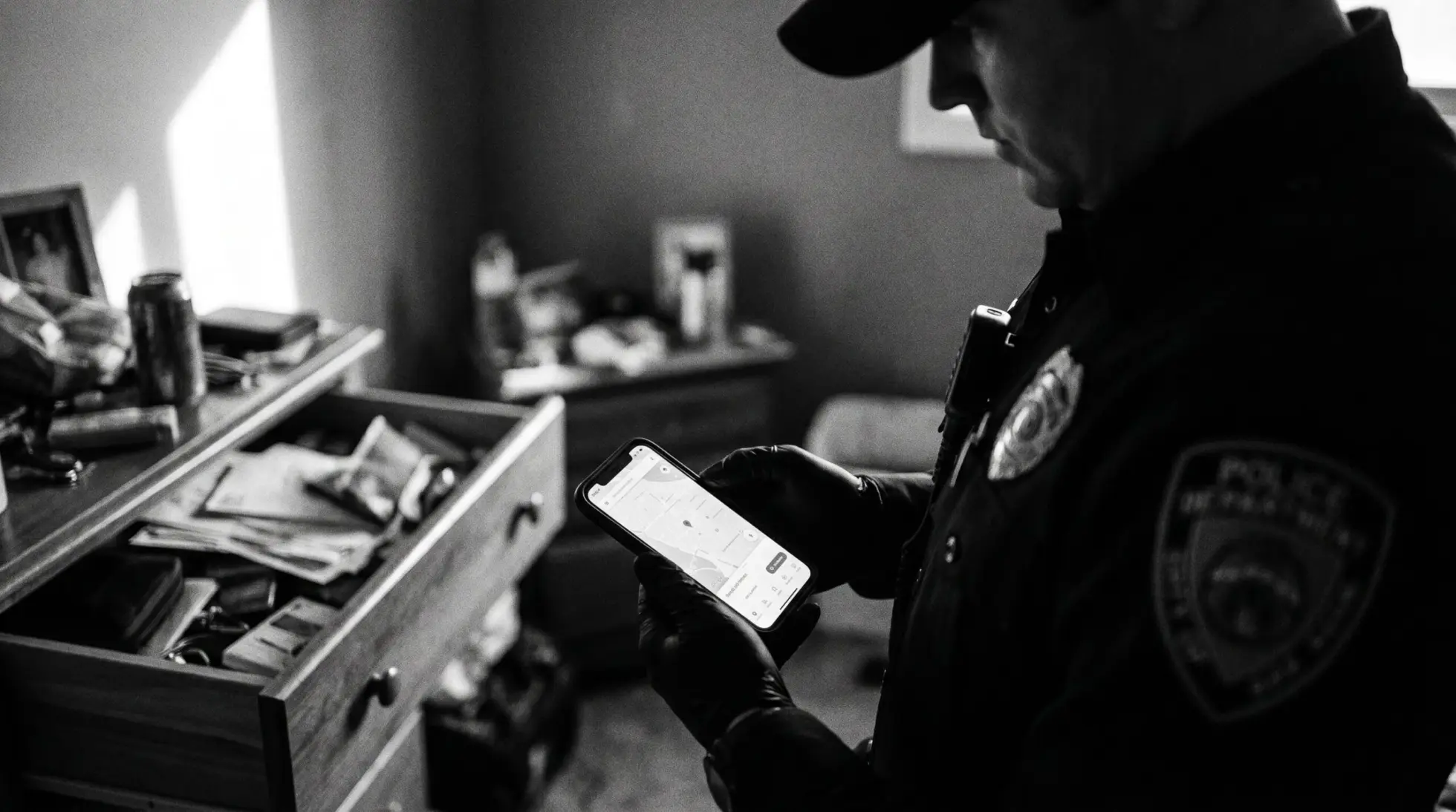 Police officer in uniform holding a seized iPhone during a home search, on smartphone seizure and the IT fundamental right