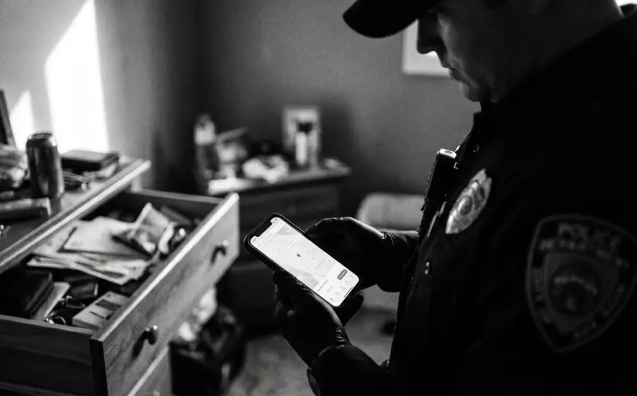 Police officer in uniform holding a seized iPhone during a home search, on smartphone seizure and the IT fundamental right