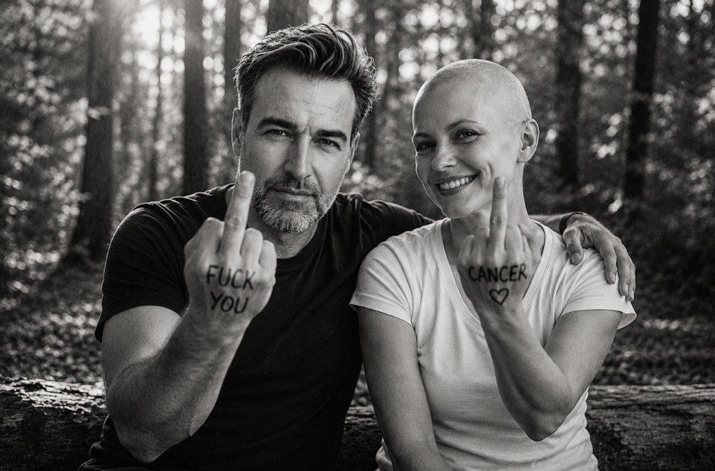 A man and a woman with shaved heads show the middle finger together, the fingers read FUCK YOU CANCER