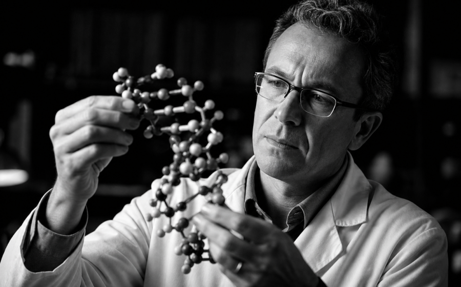 Scientist examining DNA molecular model, black and white documentary