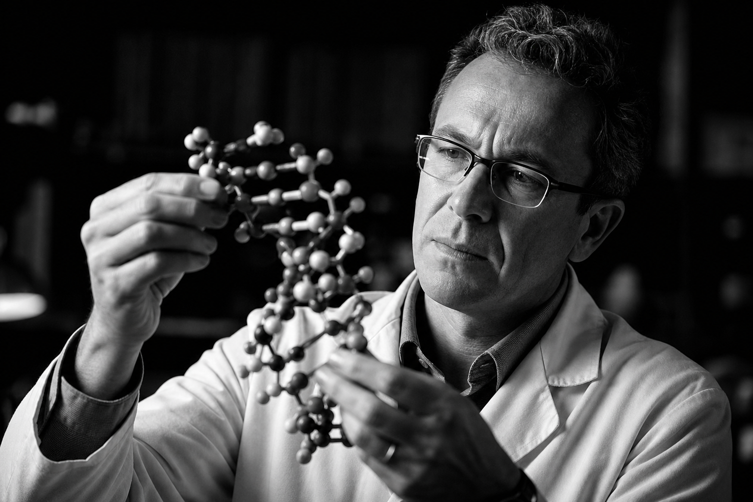 Scientist examining DNA molecular model, black and white documentary