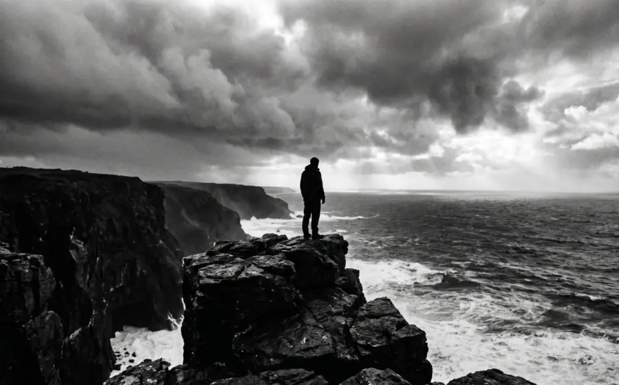A lone figure on a storm lashed cliff edge above a heavy sea, on whether life is worth living
