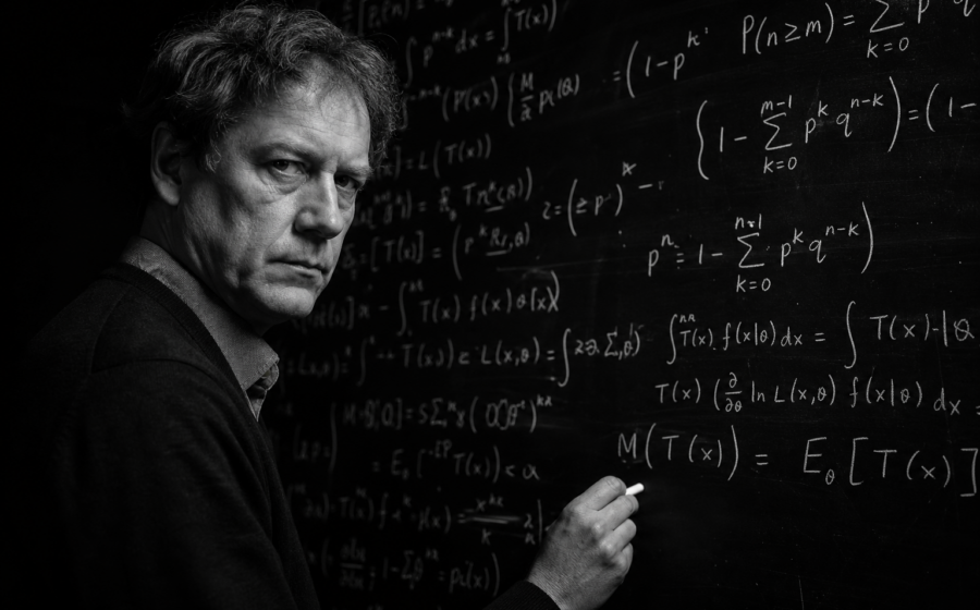 Scientist at blackboard with probability equations, black and white documentary
