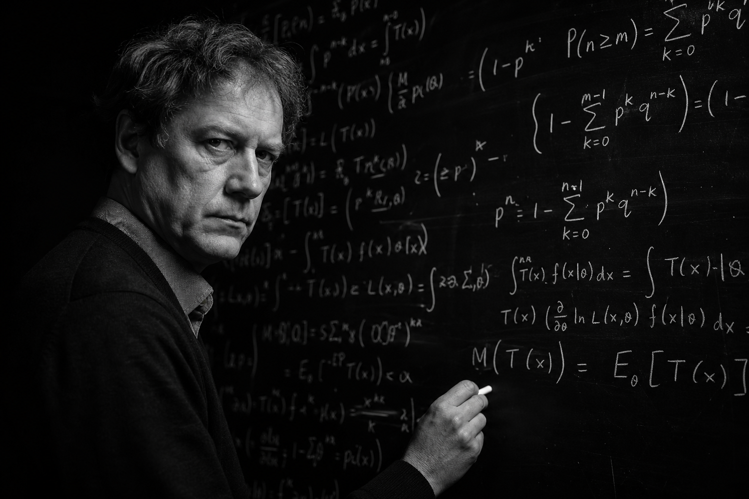 Scientist at blackboard with probability equations, black and white documentary