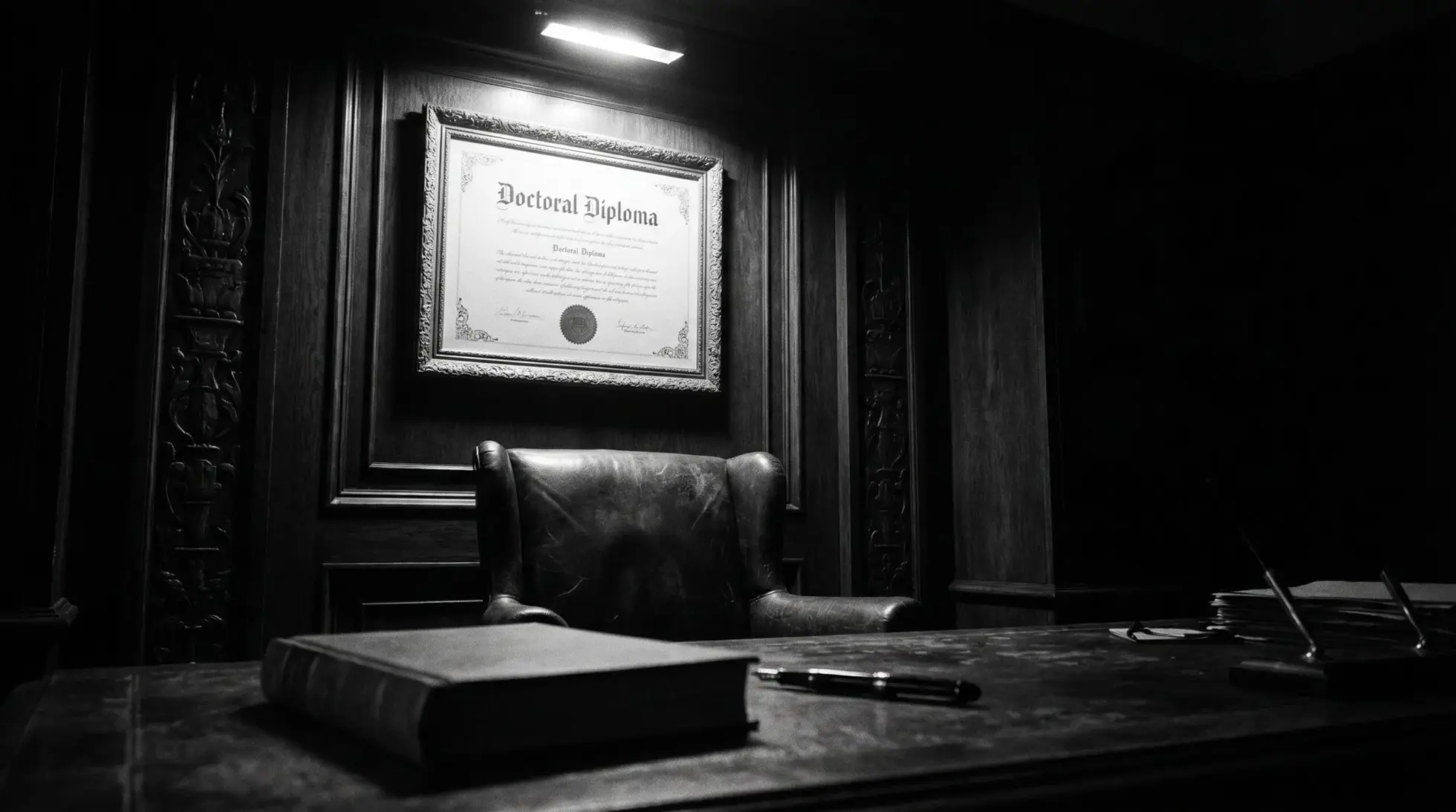 An academic diploma on a wall questioning whether credentials equal intelligence