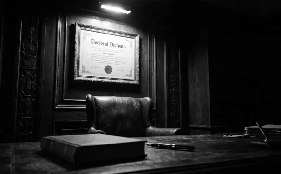 An academic diploma on a wall questioning whether credentials equal intelligence