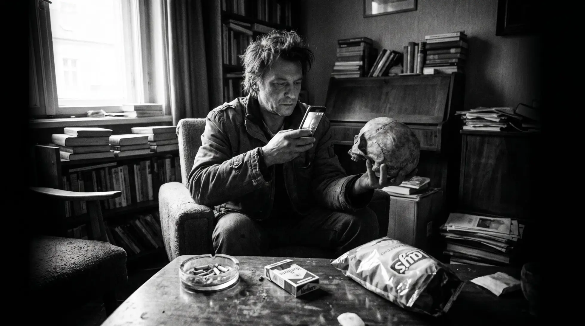 A man in an armchair reads his phone while holding a human skull, on ChatGPT answers that sound right and are wrong
