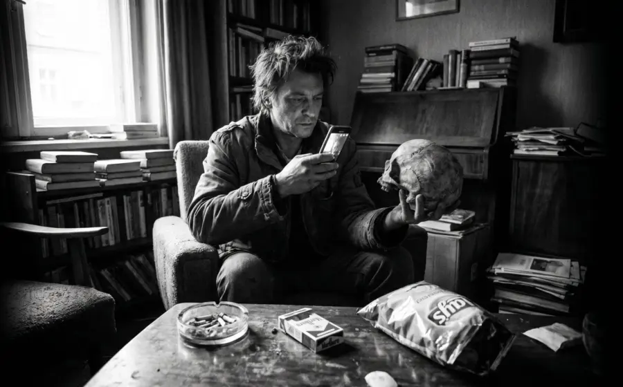 A man in an armchair reads his phone while holding a human skull, on ChatGPT answers that sound right and are wrong