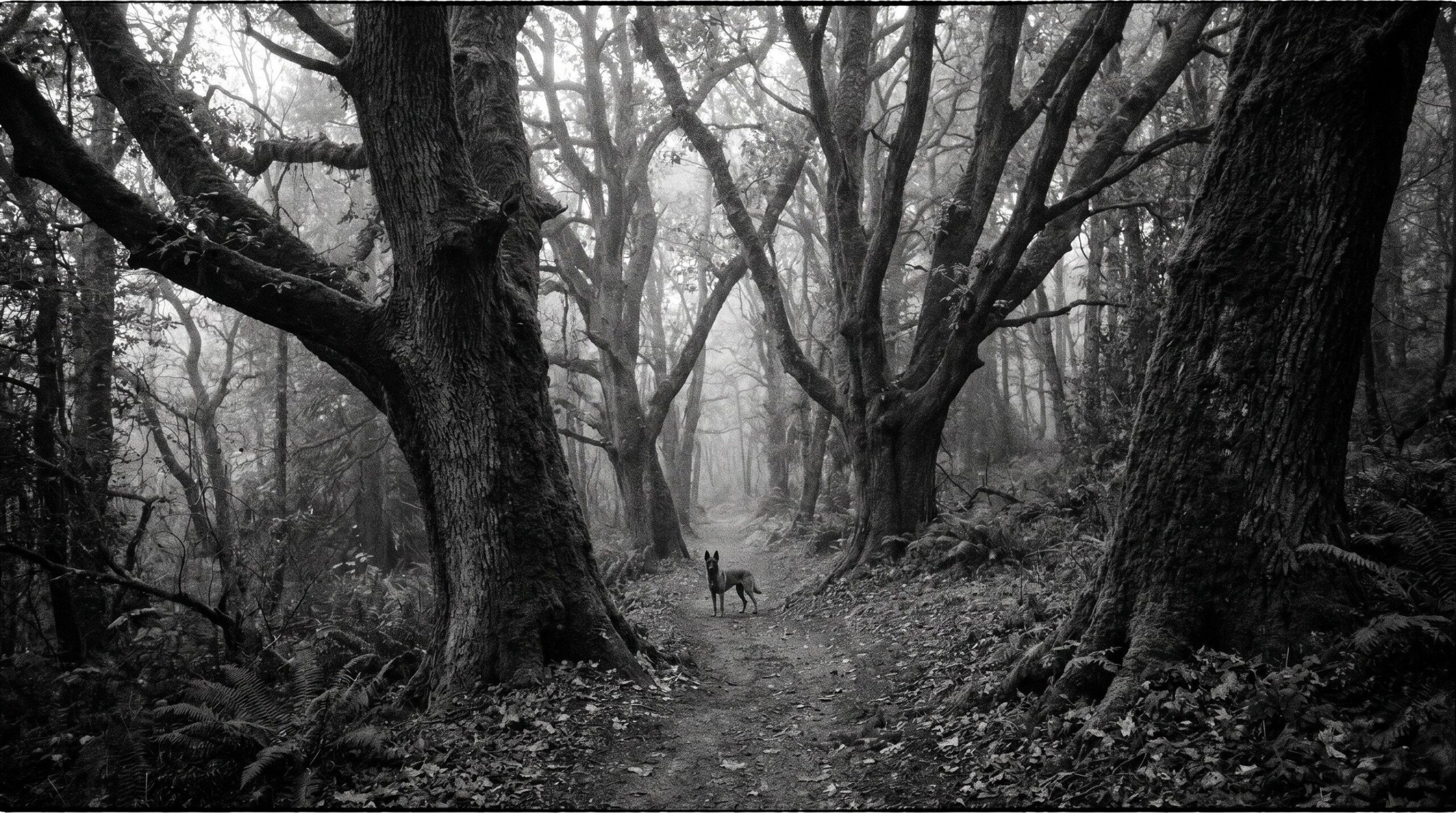 Eine einsame Gestalt mit Malinois im Wald bei Dämmerung, über das Leben im Jetzt