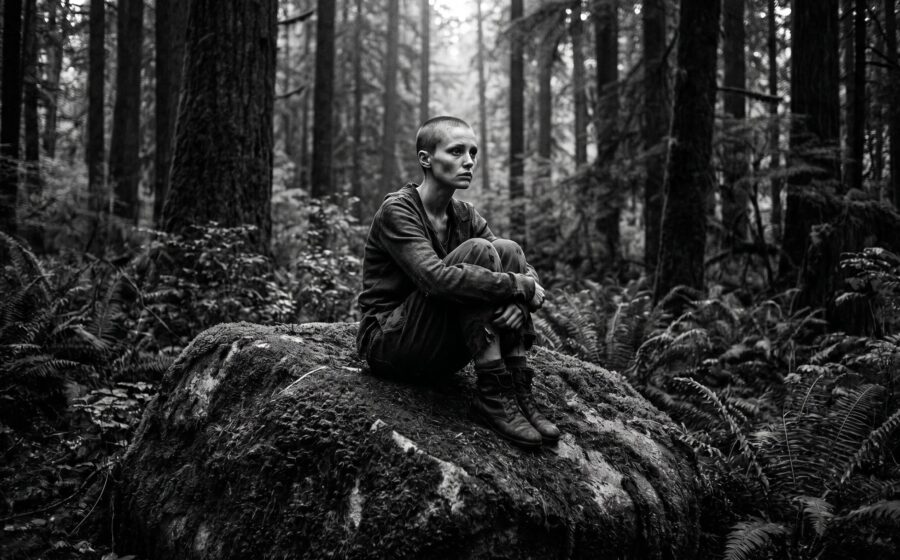 Junge, von Krankheit gezeichnete Frau mit kahlem Kopf sitzt nachdenklich auf einem Felsen im dunklen Wald