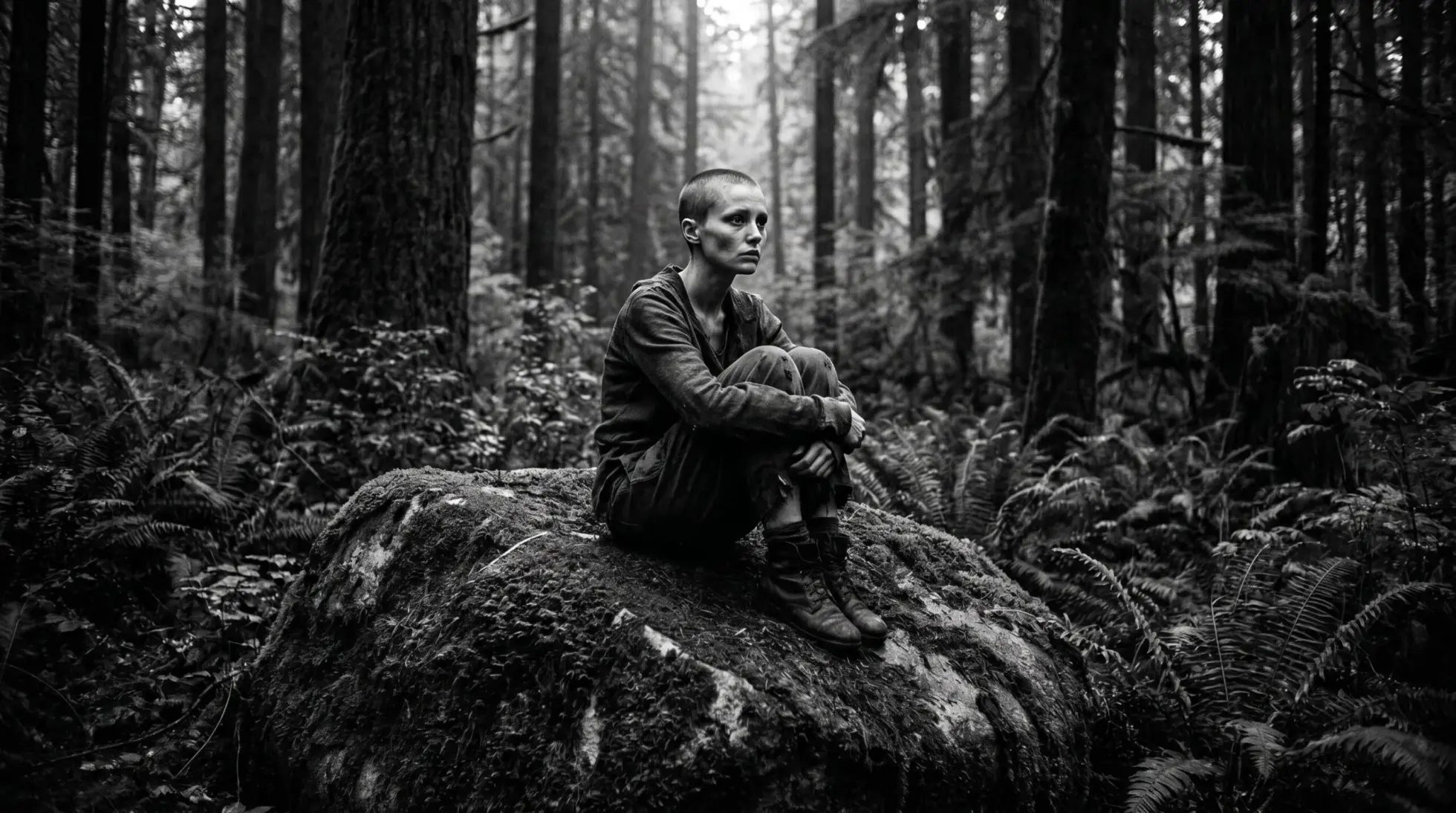A young woman with a shaved head sitting on a mossy rock in a dark forest, on where cancer comes from and what it costs