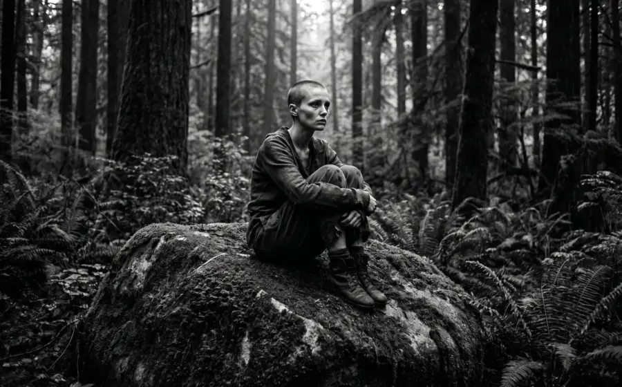 A young woman with a shaved head sitting on a mossy rock in a dark forest, on where cancer comes from and what it costs