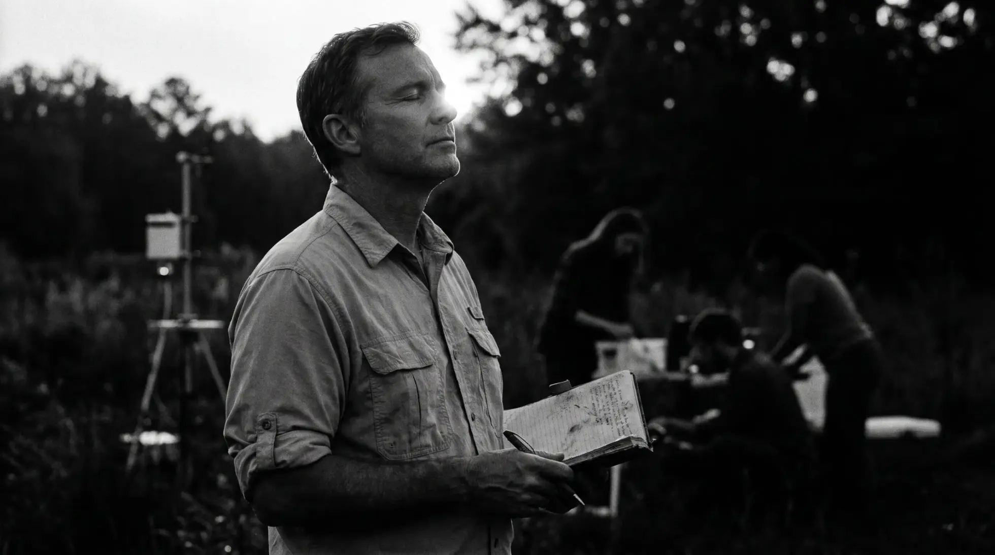 A man with a notebook in a field at dusk while others work behind him, on sunlight as a biological necessity