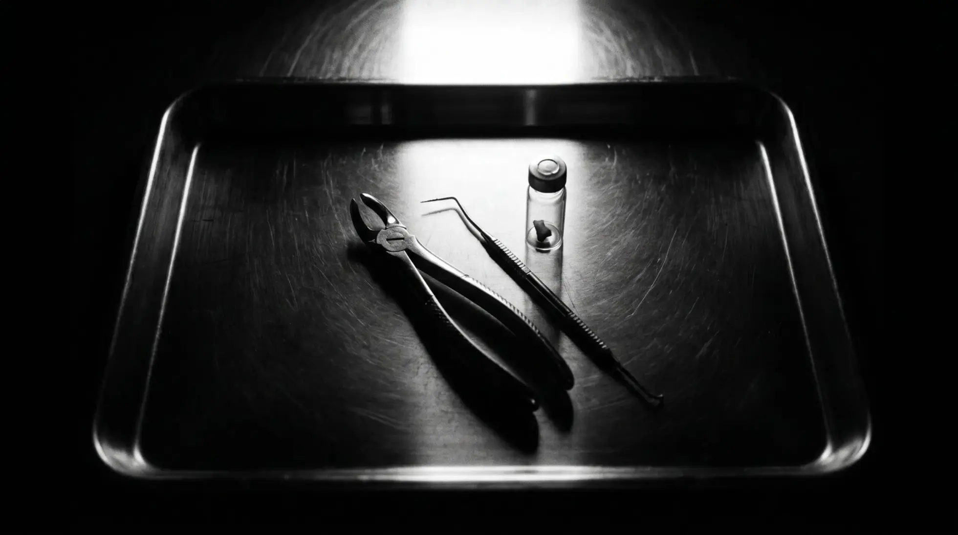 A steel instrument tray holding dental extraction forceps, a probe and a specimen vial, on postmortem pink teeth