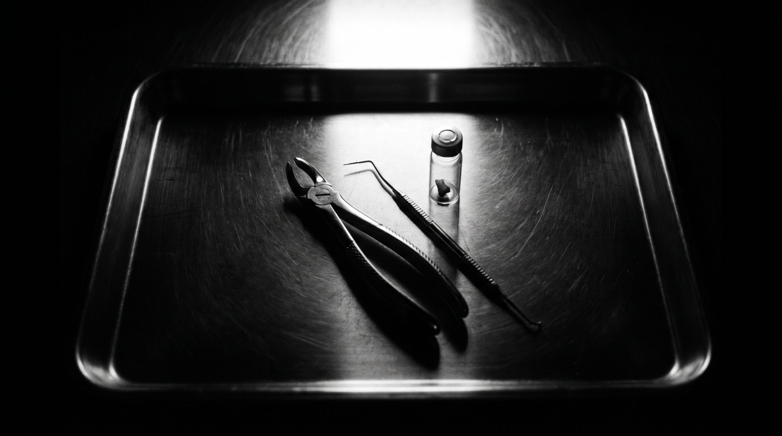 Forensisches Untersuchungstablett mit Zahnextraktionsinstrumenten und Probenglas, forensische Odontologie
