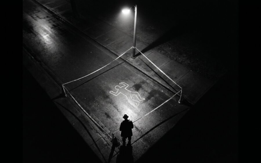 Aerial crime scene with chalk body outline and investigator silhouette at the edge