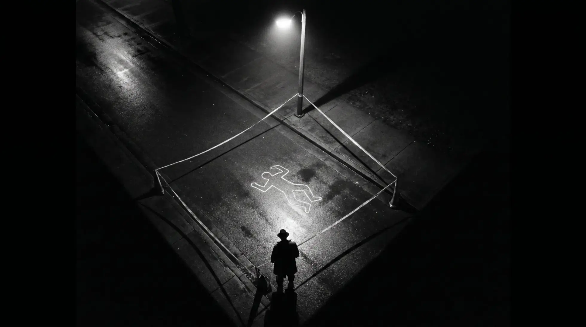 Aerial crime scene with chalk body outline and investigator silhouette at the edge