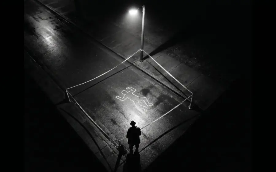 Aerial crime scene with chalk body outline and investigator silhouette at the edge