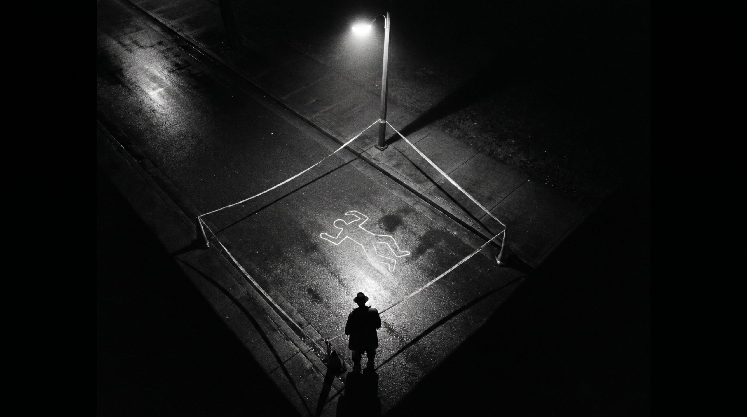 Aerial crime scene with chalk body outline and investigator silhouette at the edge