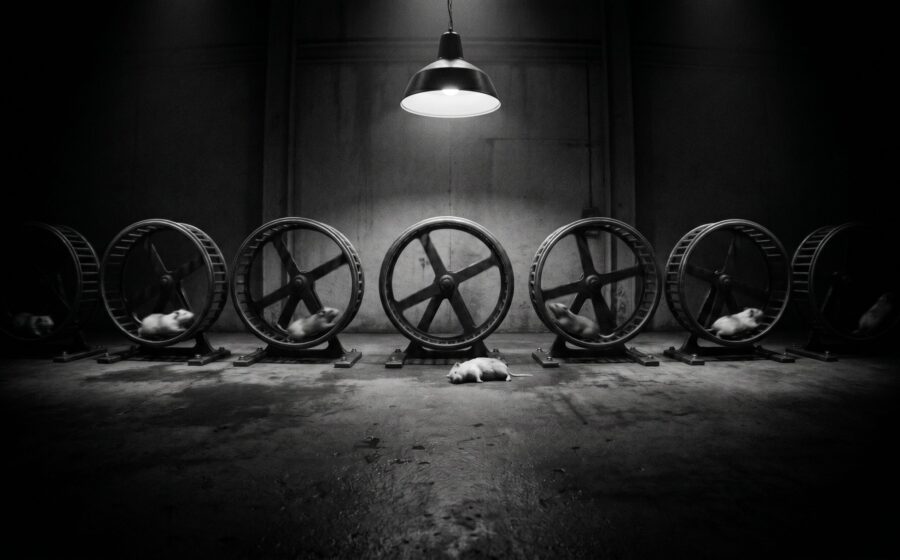 Many hamster wheels in a dark industrial space, hamsters running, one collapsed on the ground