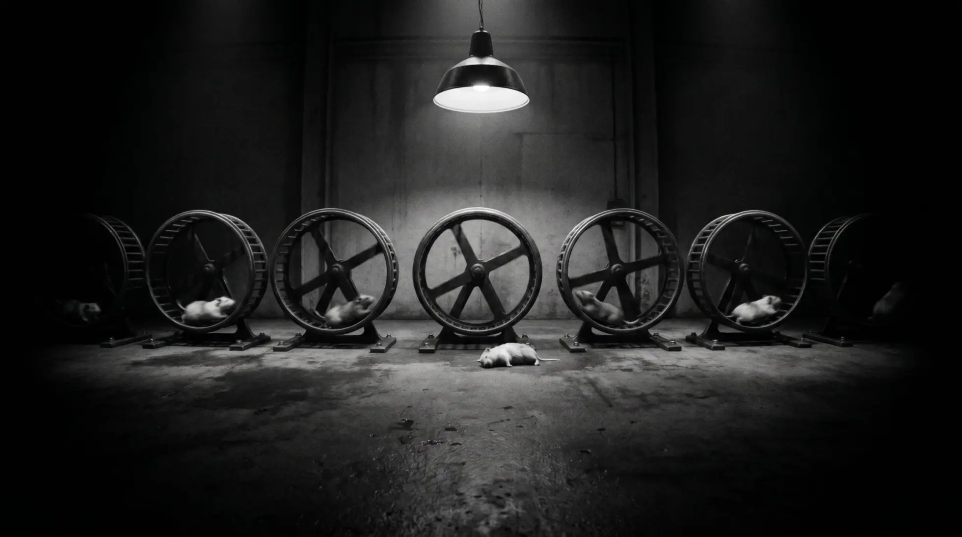 Many hamster wheels in a dark industrial space, hamsters running, one collapsed on the ground