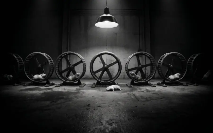 Many hamster wheels in a dark industrial space, hamsters running, one collapsed on the ground