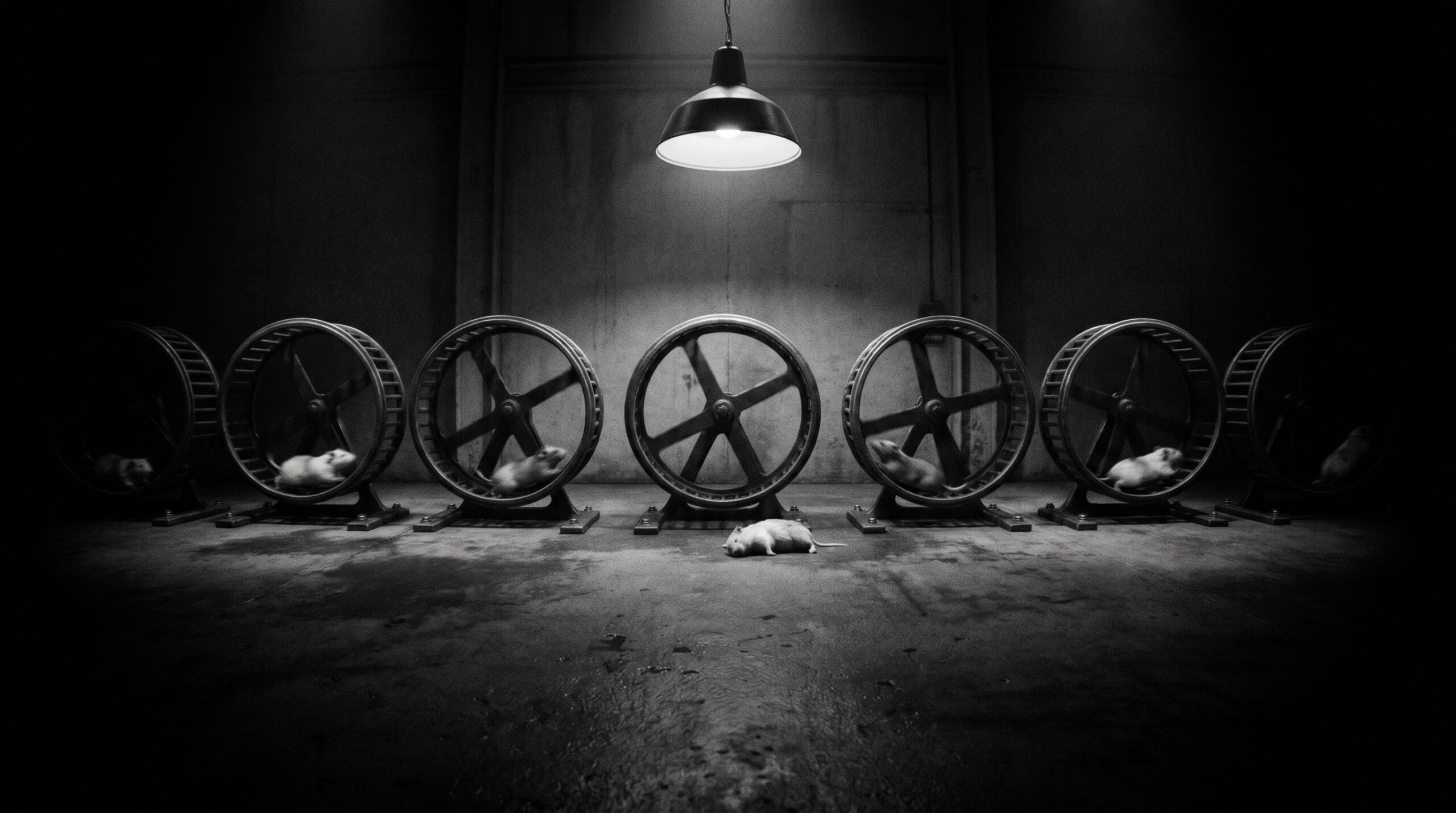 Many hamster wheels in a dark industrial space, hamsters running, one collapsed on the ground