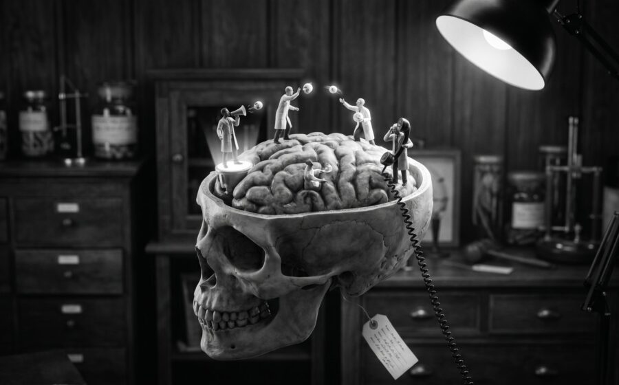 Human brain cross-section with neurons communicating as figures, one with megaphone, one lowering a telephone line