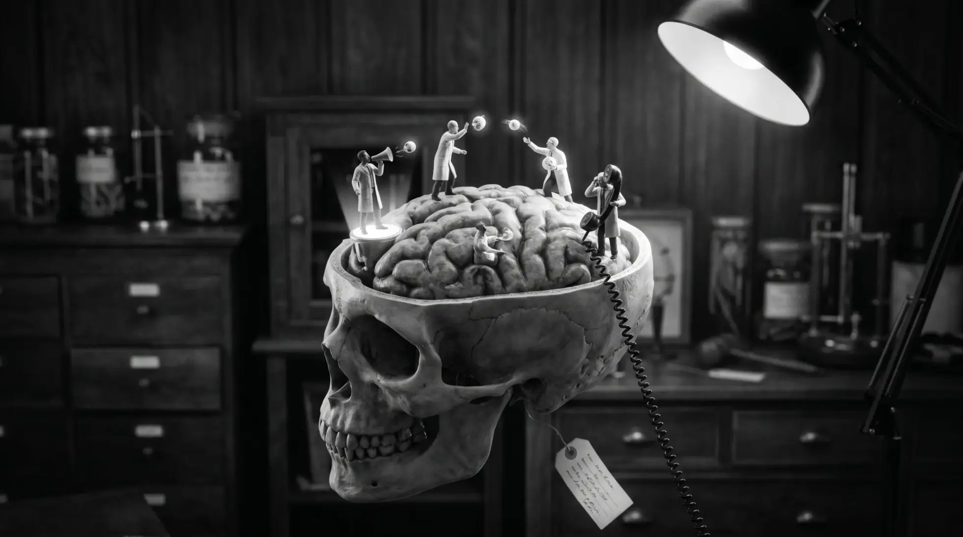 Human brain cross-section with neurons communicating as figures, one with megaphone, one lowering a telephone line