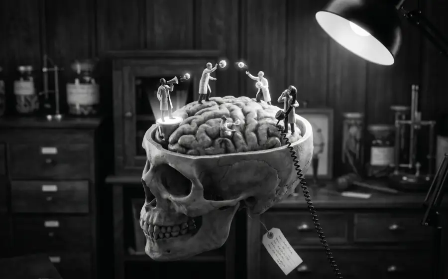 Human brain cross-section with neurons communicating as figures, one with megaphone, one lowering a telephone line