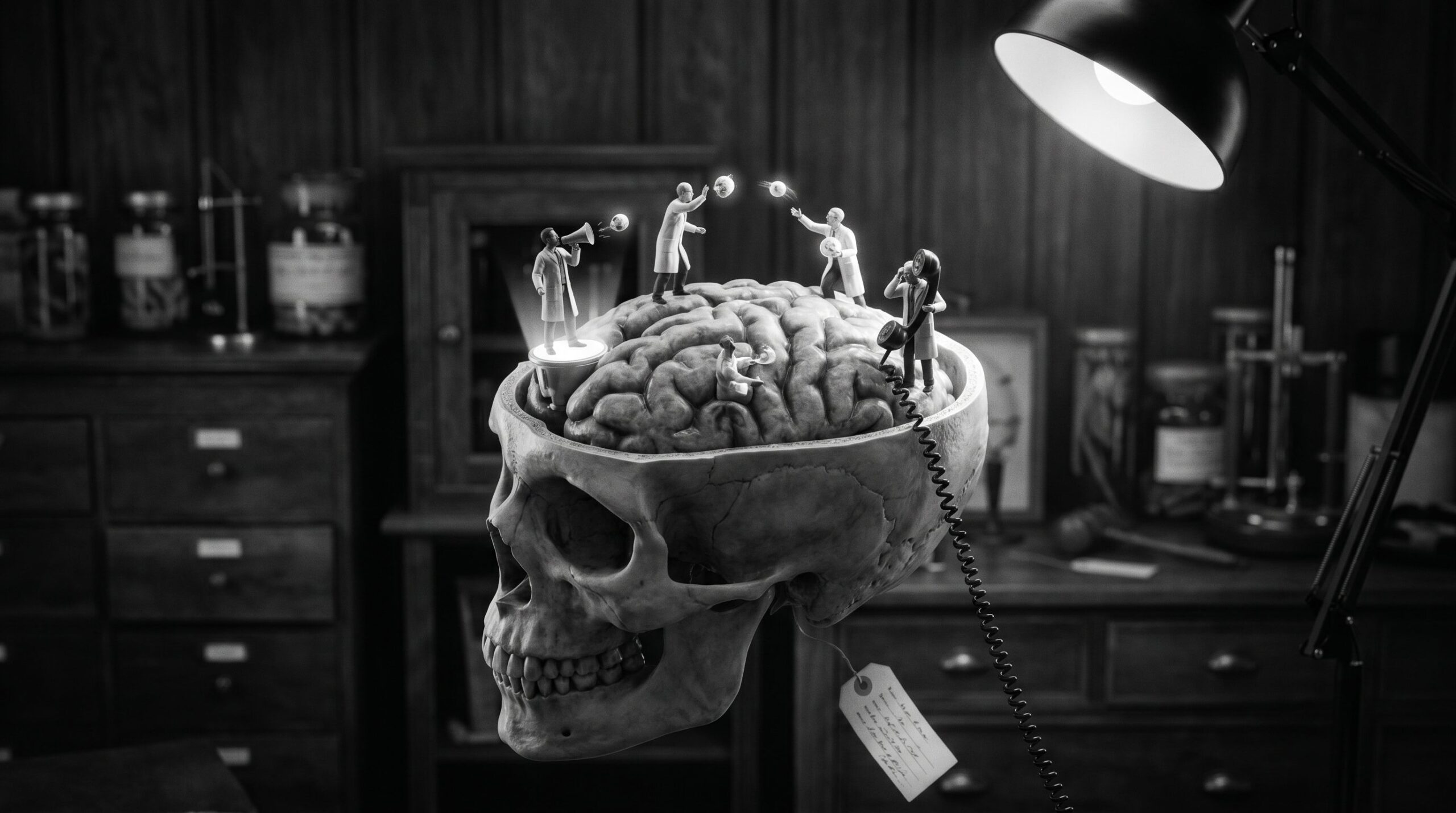 Human brain cross-section with neurons communicating as figures, one with megaphone, one lowering a telephone line