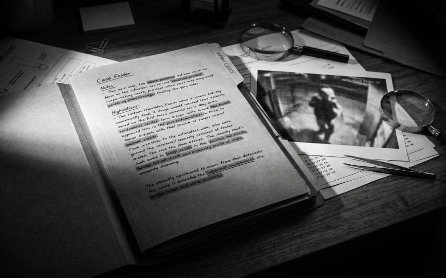 Forensic expert desk at night with case file, highlighted documents and security video still