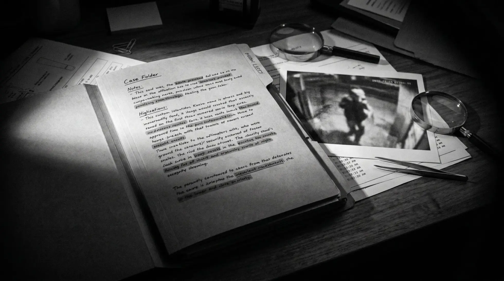 Forensic expert desk at night with case file, highlighted documents and security video still