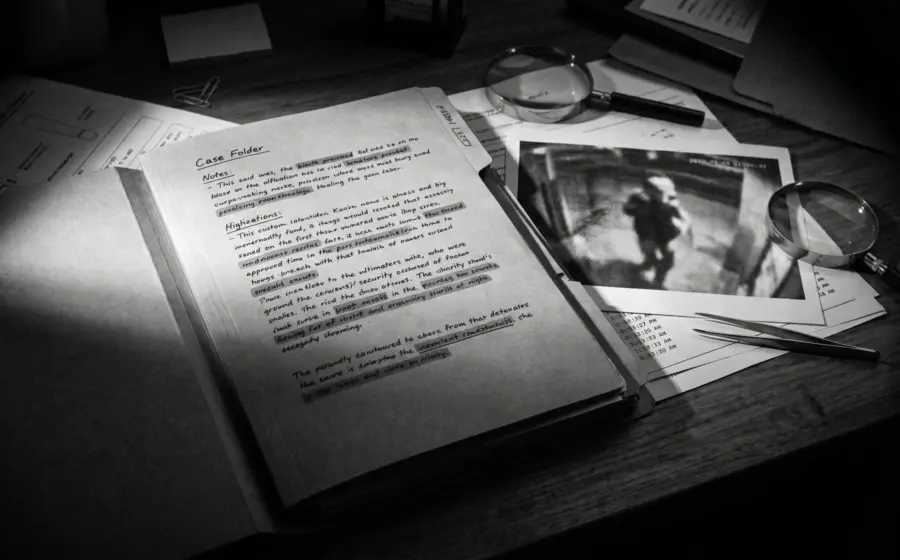Forensic expert desk at night with case file, highlighted documents and security video still